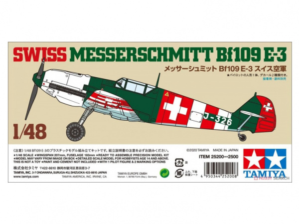 25200 Tamiya Истребитель Messerschmitt Bf 109 E-3 SWISS Швейцарские ВВС (1:48)