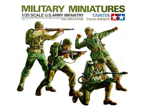 35013 Tamiya Американские пехотинцы в атаке (4 фигуры) с 8 видами оружия и 2 подставками (1:35)